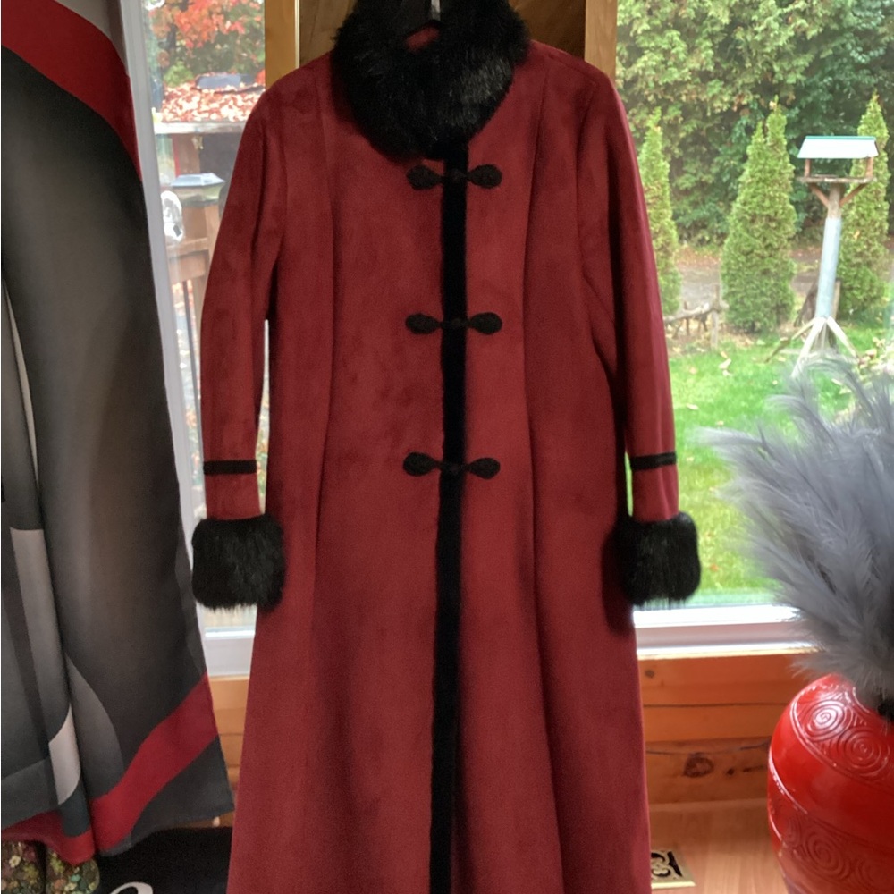 Jessica Red Faux Suede Coat with Black Fur Accents